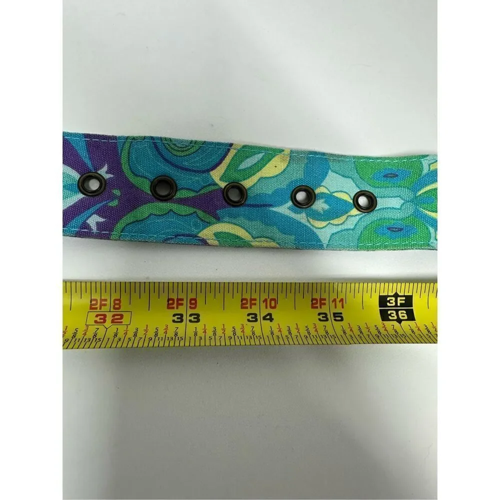 FABRIC Belt w/Floral Pin Buckle Rhinestone Trim Sz 36”Middle Hole GREEN BLUE